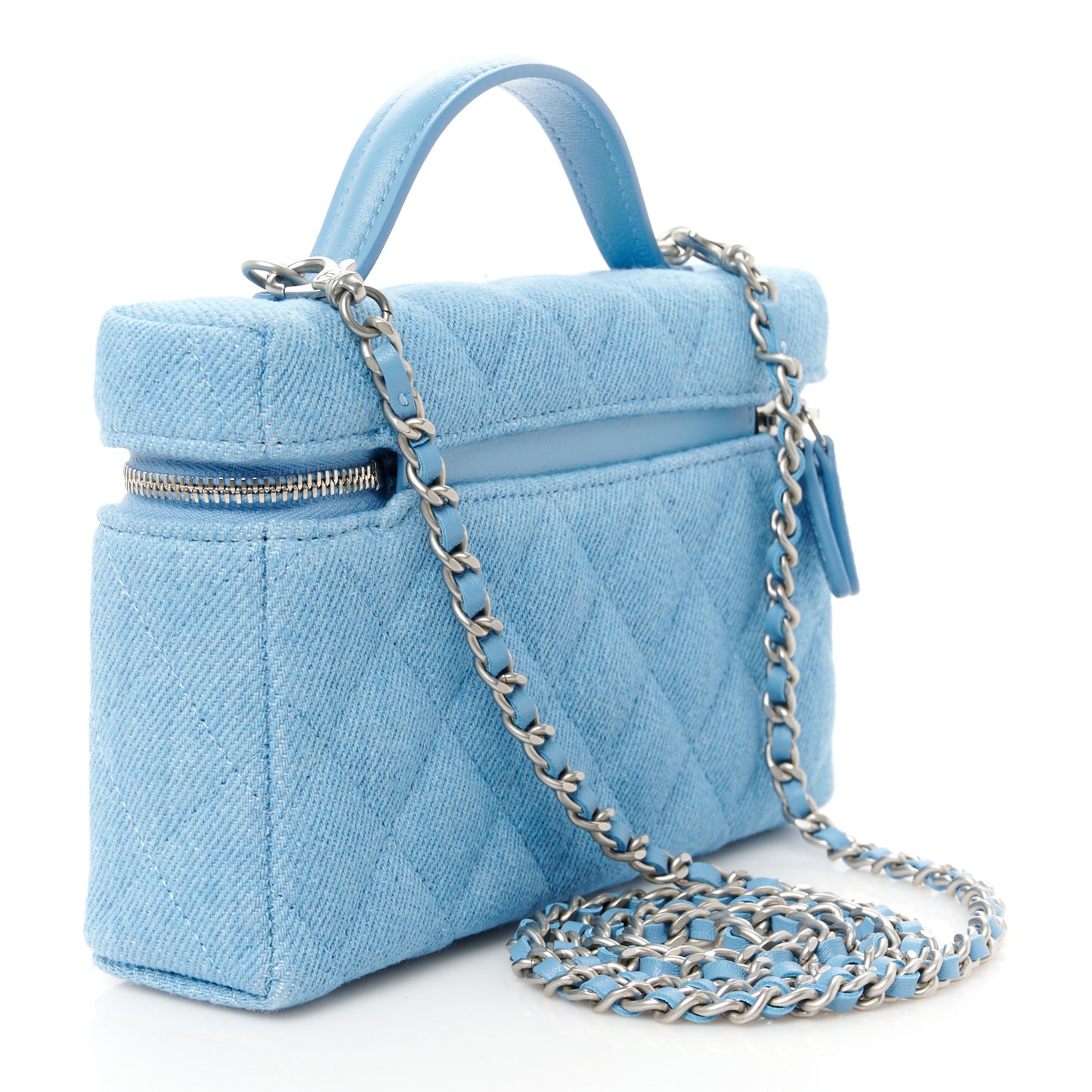Denim Quilted Top Handle Slim Vanity Case With Chain Blue
