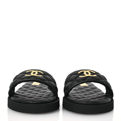 Chanel Lambskin Quilted Textured CC Mules Sandals 39.5 Black 2 of 9