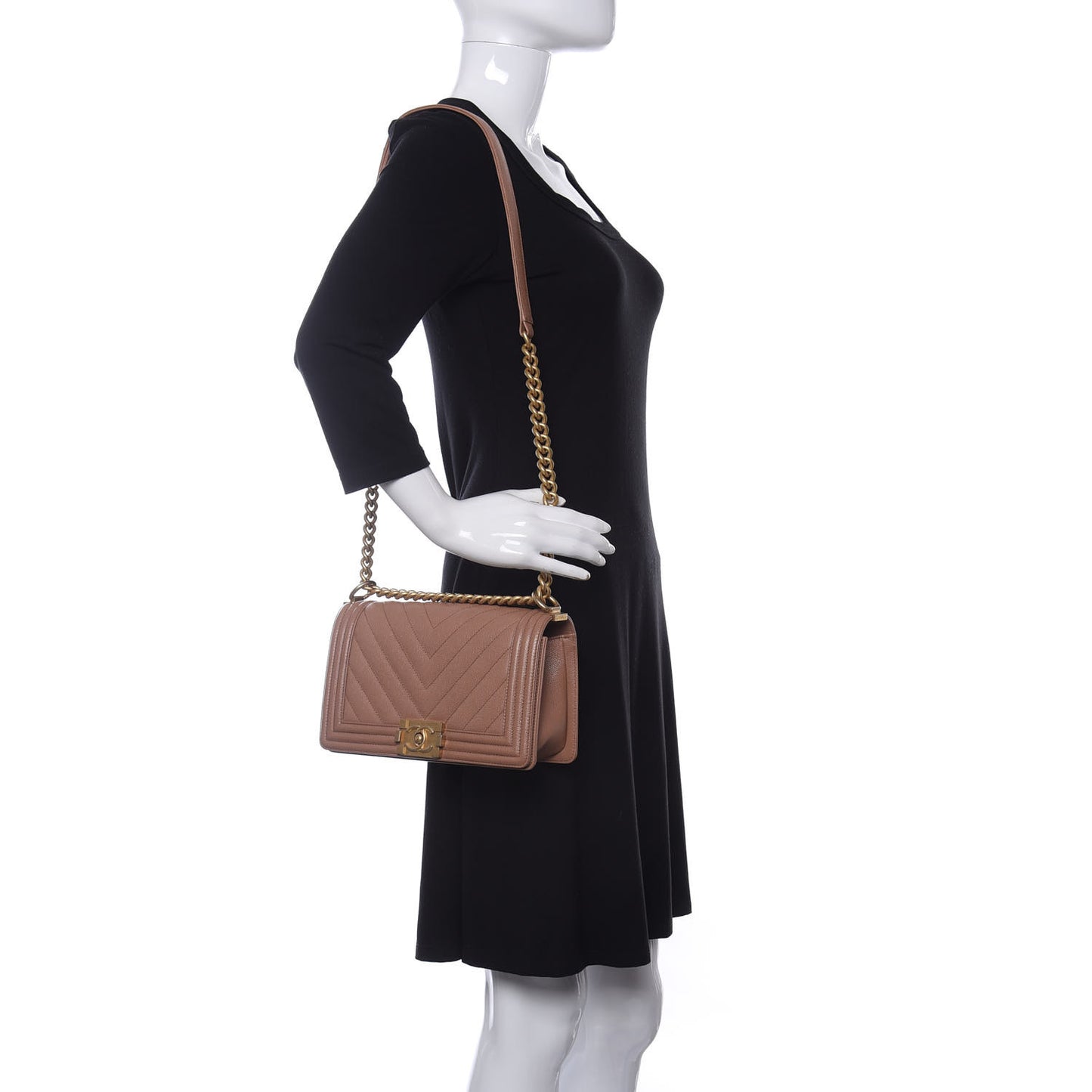 Caviar Chevron Quilted Medium Boy Flap Dark Beige