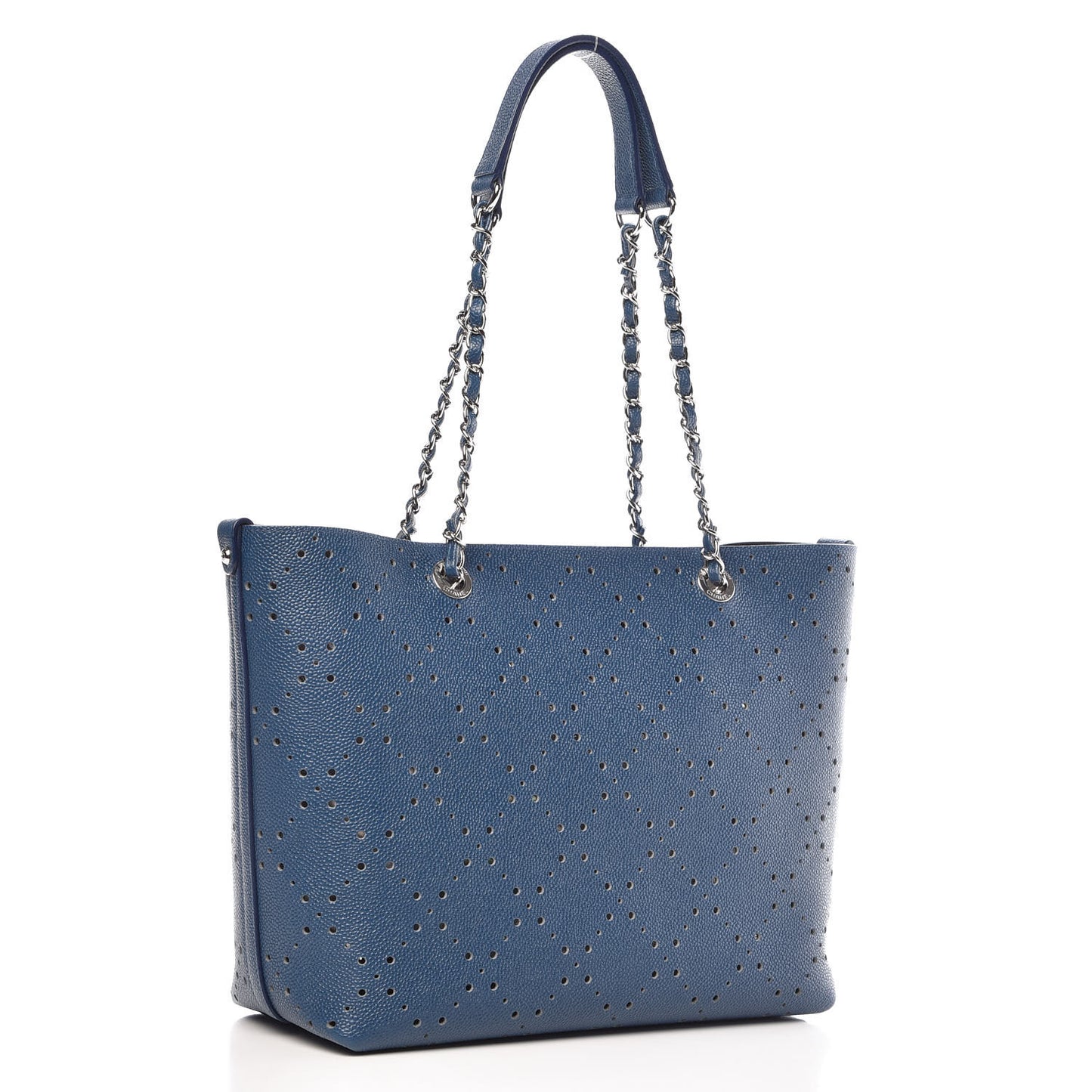 Perforated Grained Calfskin Large Shopping Tote Blue