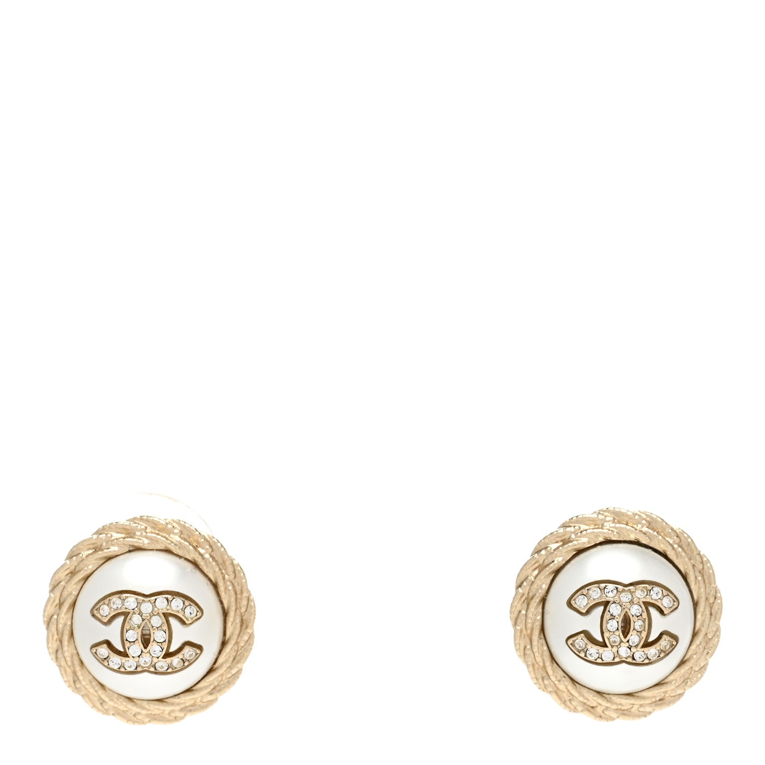Chanel Pearl Crystal CC Round Earrings Light Gold 1 of 5