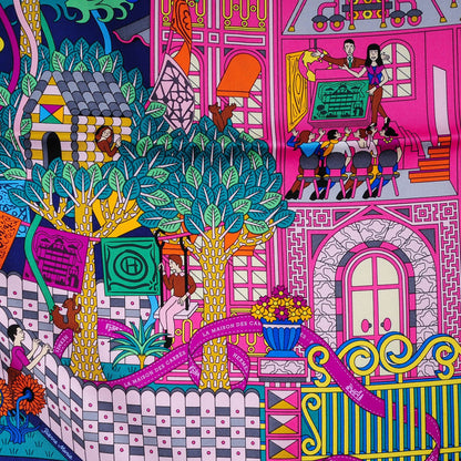 Hermes Silk La Maizeon Des Carres 90 Scarf Bleu Azur Marine Rose Indien 1 of 8