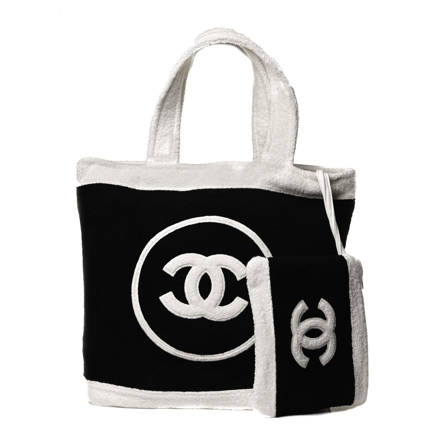 Chanel Terry Cotton CC Beach Tote Towel Set Black White 1 of 11
