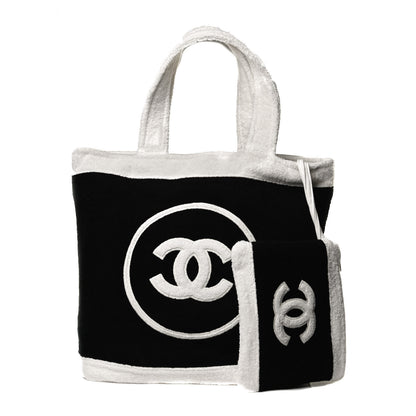 Chanel Terry Cotton CC Beach Tote Towel Set Black White 1 of 11