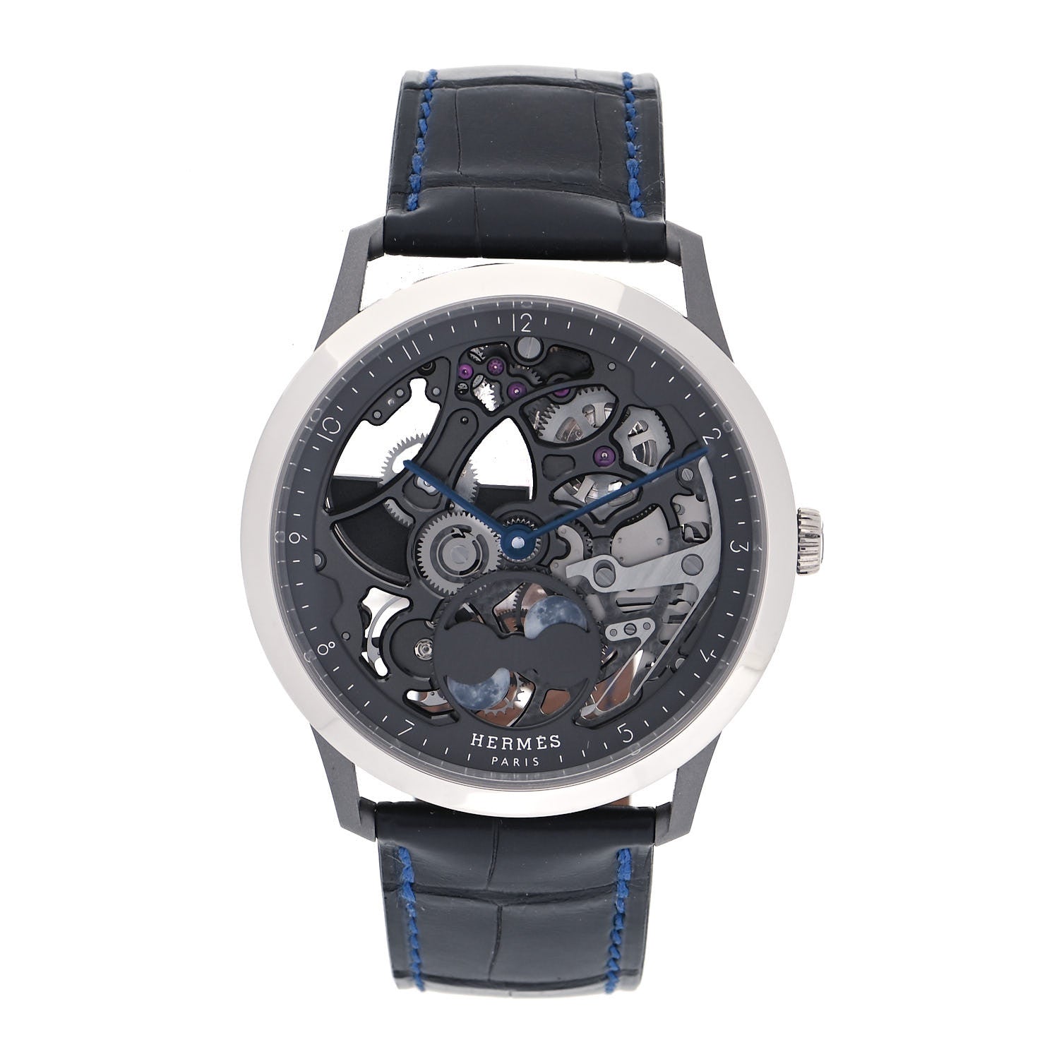 Hermes Platinum Titanium Alligator 39.5mm Slim d'Hermes Squelette Lune Automatic Watch Graphite 1 of 5