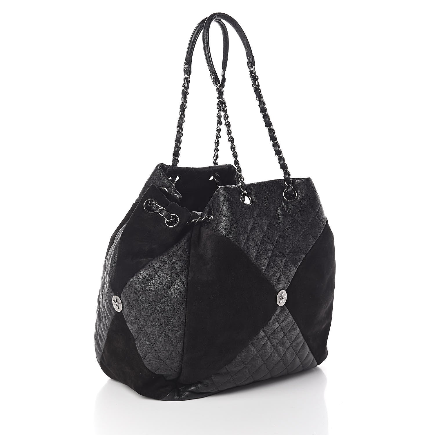 Chanel Goatskin Suede Calfskin Quilted Patchwork Drawstring Bag Black 3 of 10
