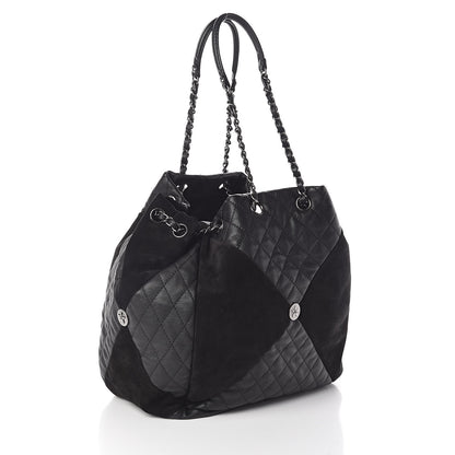 Chanel Goatskin Suede Calfskin Quilted Patchwork Drawstring Bag Black 3 of 10