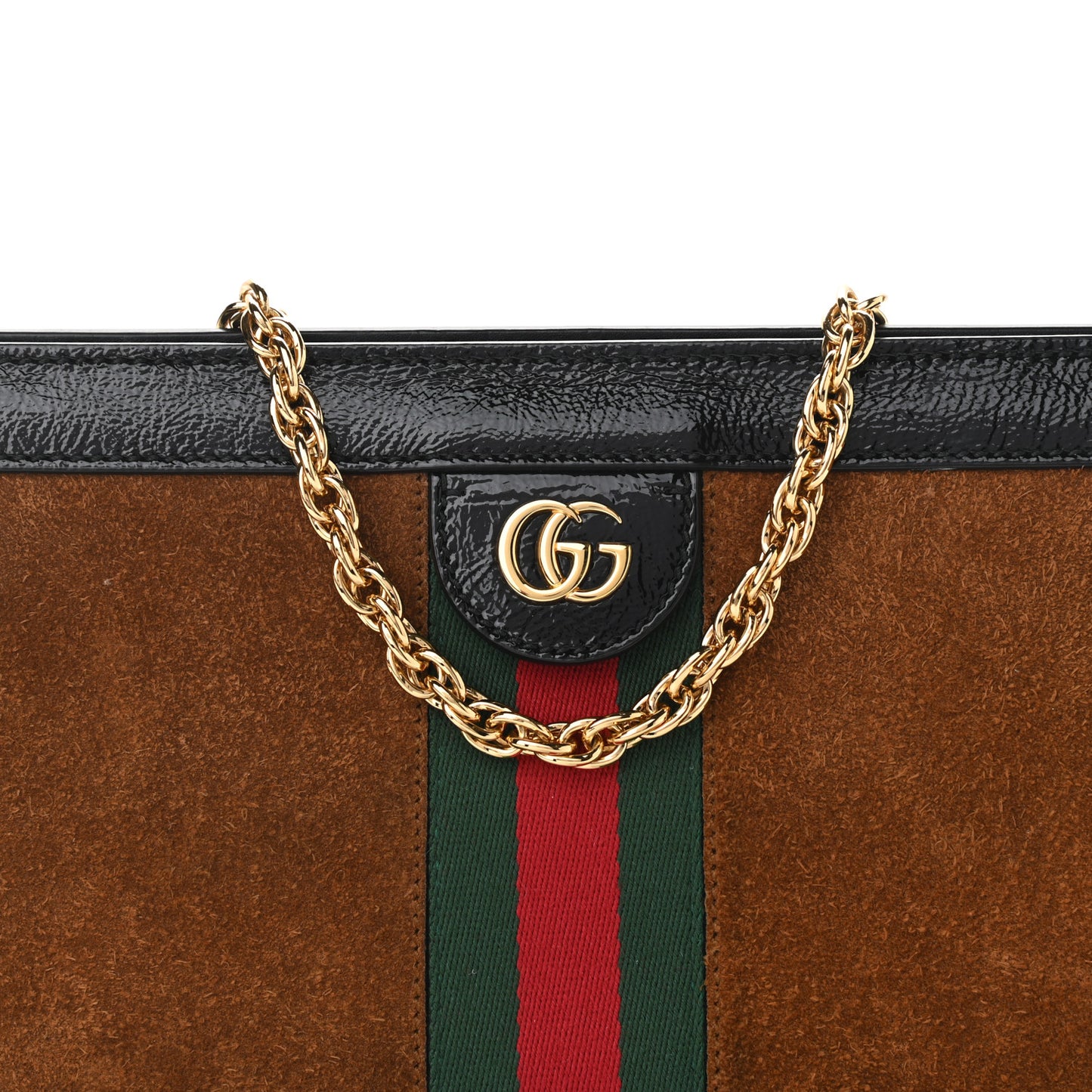 Suede Patent Web Small Ophidia Chain Shoulder Bag Nocciola Black