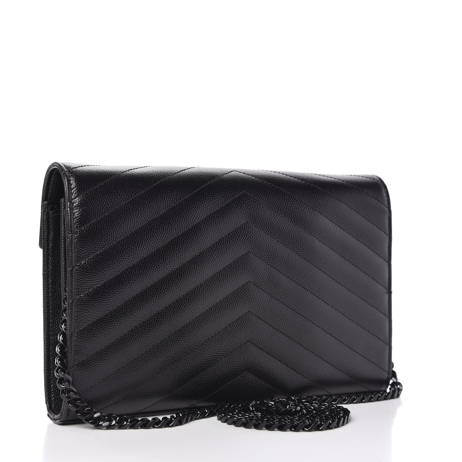 Saint Laurent Grain De Poudre Matelasse Chevron Monogram Chain Wallet Black 3 of 10