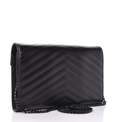 Saint Laurent Grain De Poudre Matelasse Chevron Monogram Chain Wallet Black 3 of 10