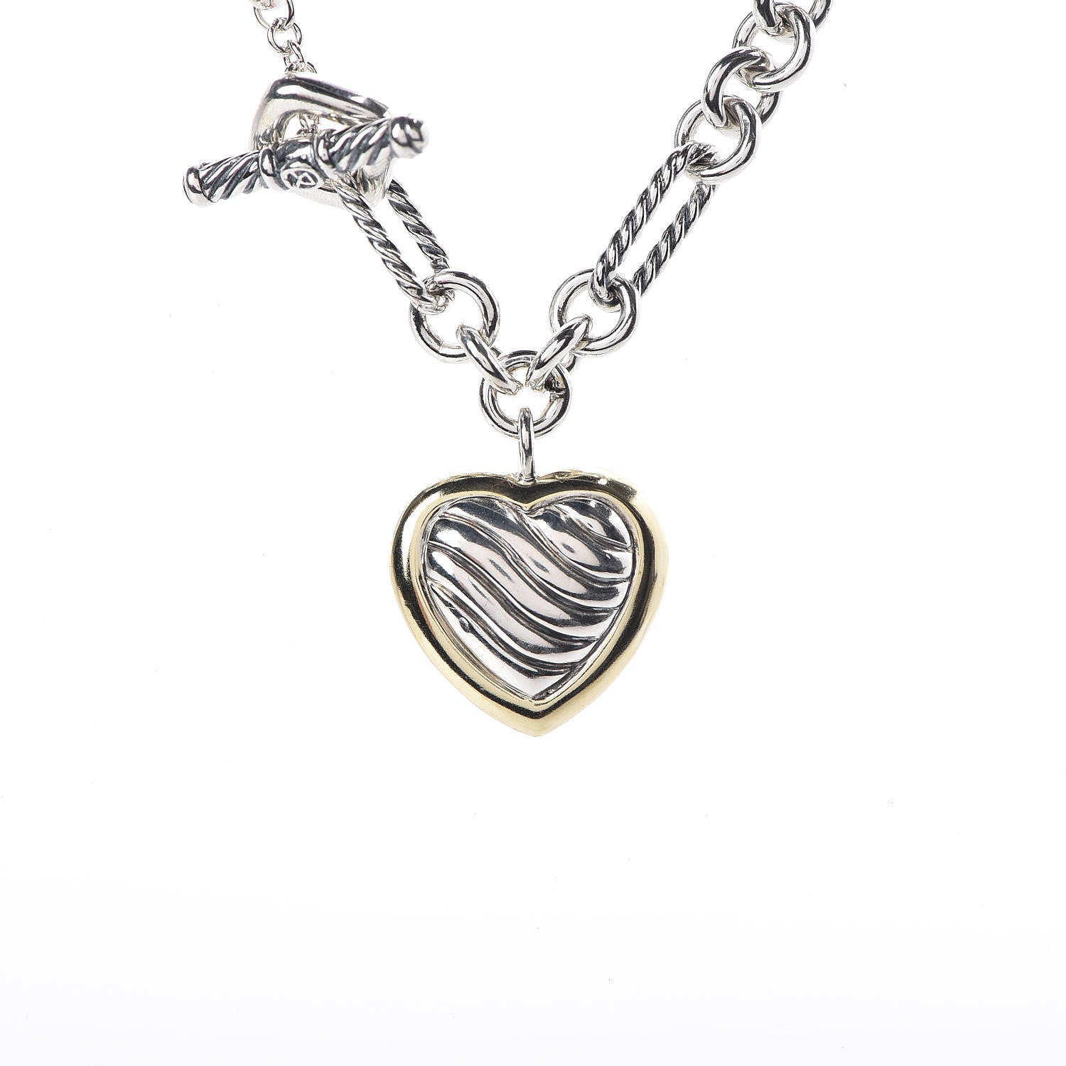 David Yurman Sterling Silver 18K Yellow Gold Cable Heart Figaro Necklace 7 of 7