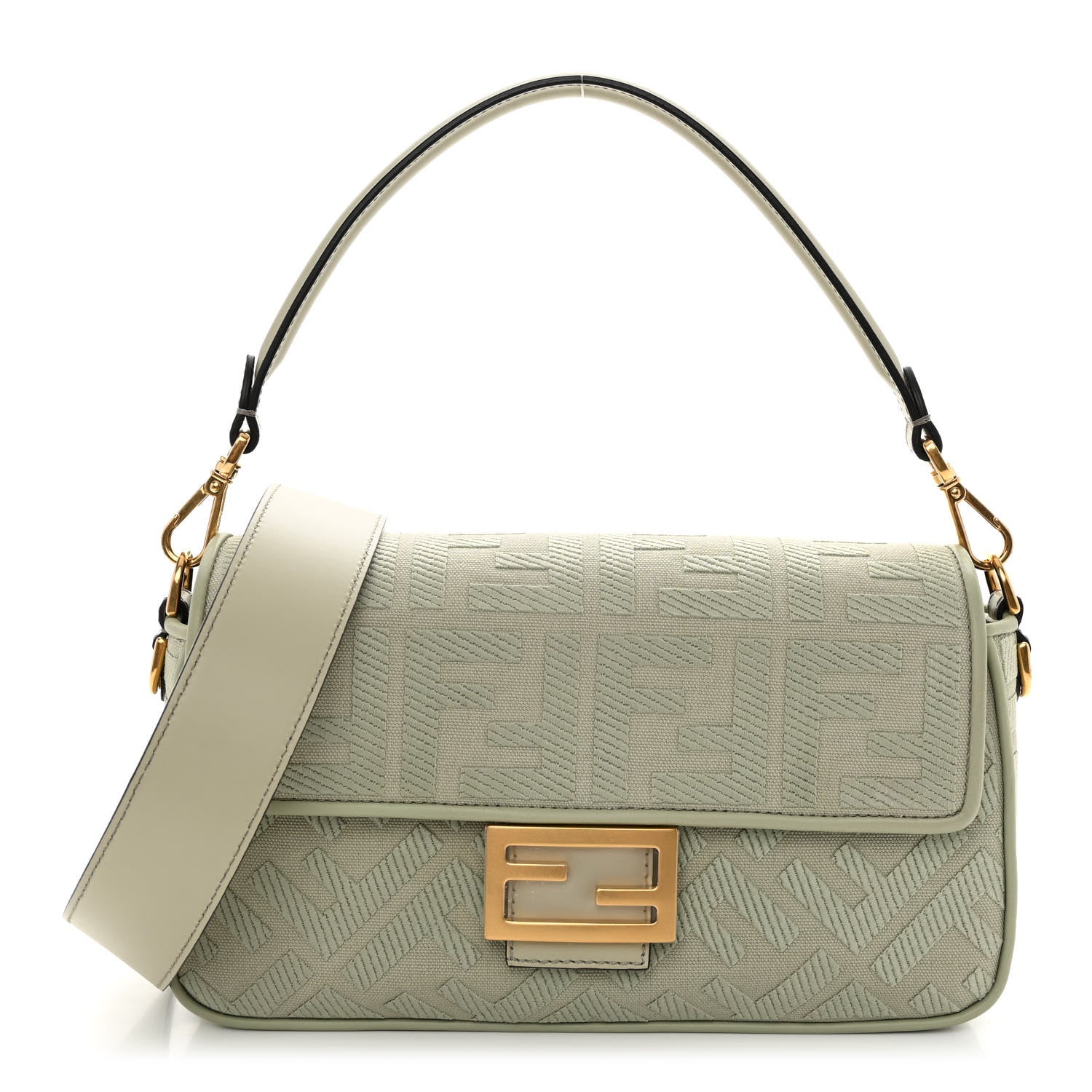 Fendi Canvas Vitello King FF Embroidered Baguette Green Tea 1 of 9