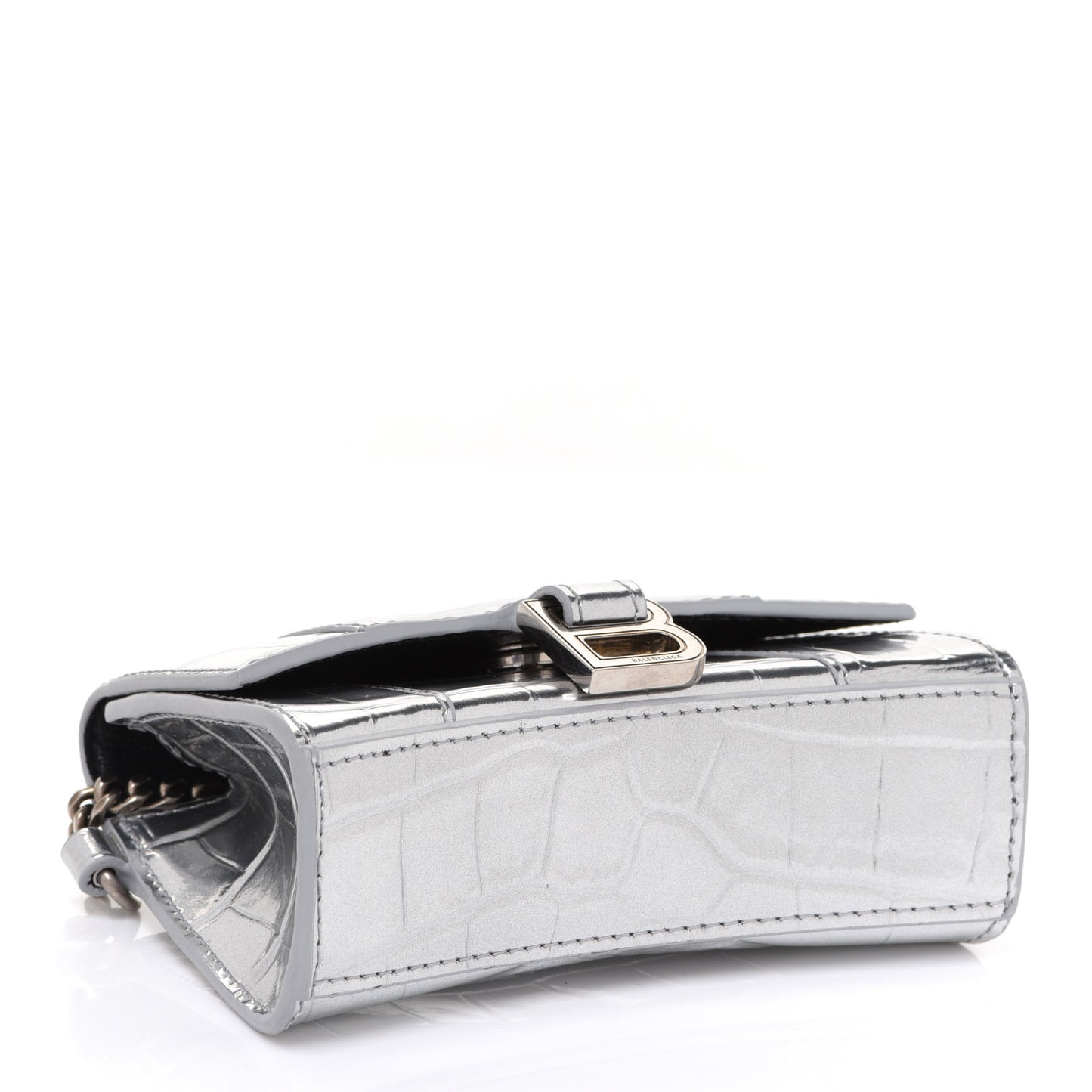 Metallic Calfskin Crocodile Embossed Hourglass Chain Cardholder Silver