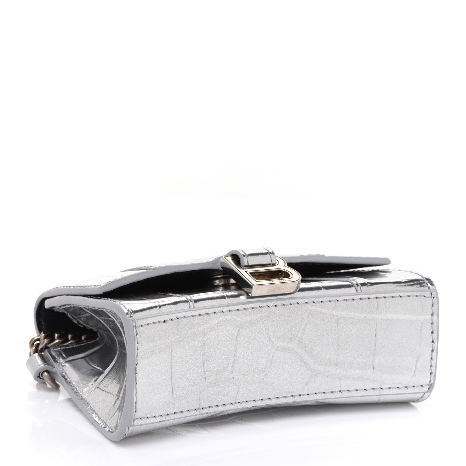 Balenciaga Metallic Calfskin Crocodile Embossed Hourglass Chain Cardholder Silver 4 of 7