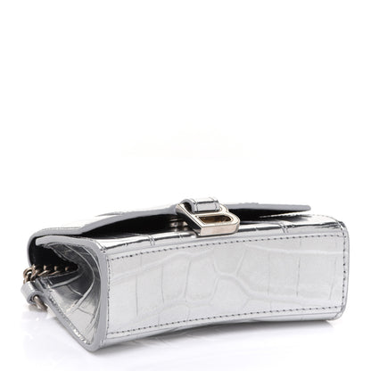 Balenciaga Metallic Calfskin Crocodile Embossed Hourglass Chain Cardholder Silver 4 of 7