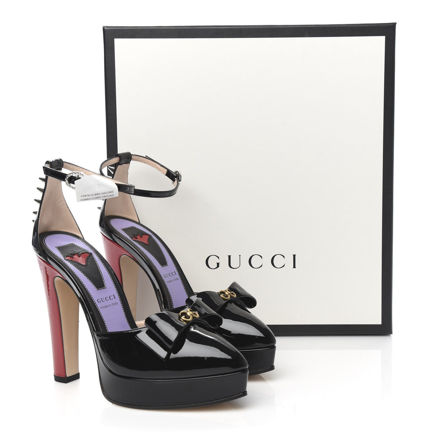 Patent Crystal GG Bow Sadie Spike Ankle Strap d'Orsay Platform High Heel Pumps 35.5 Black