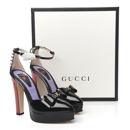 Gucci Patent Crystal GG Bow Sadie Spike Ankle Strap d'Orsay Platform High Heel Pumps 35.5 Black 9 of 9