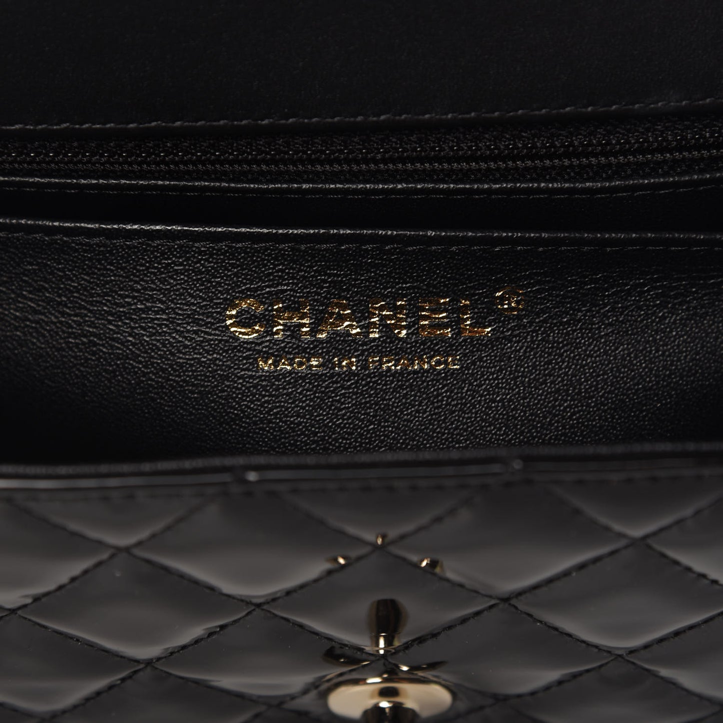 Patent Calfskin Quilted Mini Rectangular Flap Black