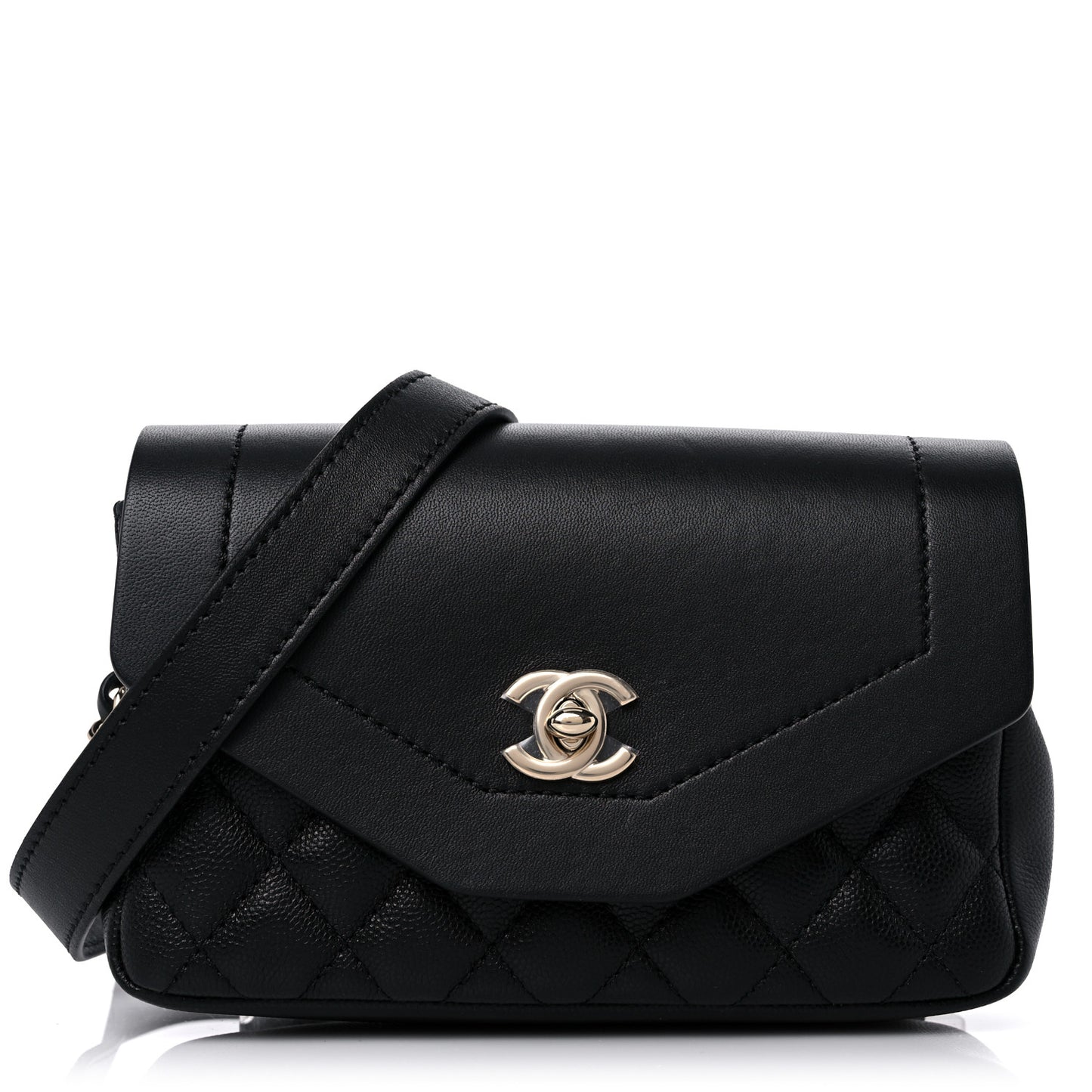 Calfskin Flap Chain Waist Bag Black