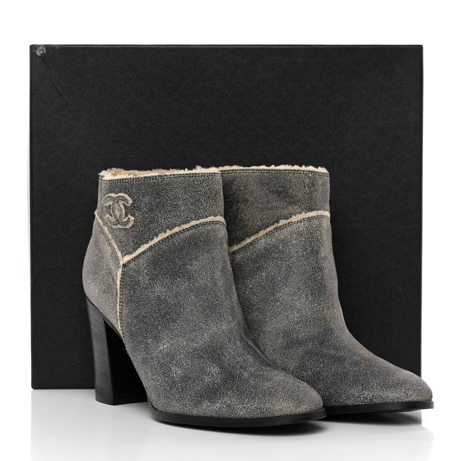 Chanel Suede Calfskin Shearling CC Ankle Boots 39.5 Beige 13 of 13