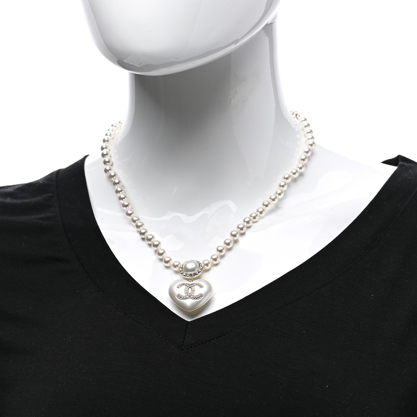 Pearl Crystal CC Heart Short Necklace Pearly White Gold