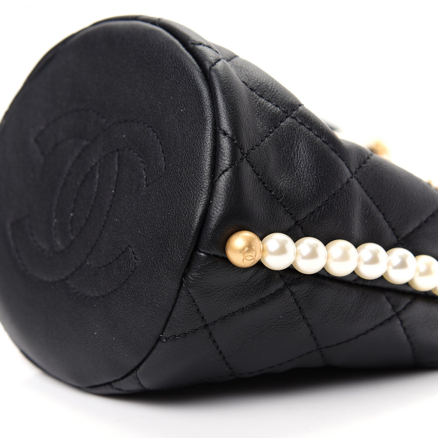 Calfskin Quilted Pearl Mini About Pearls Drawstring Bucket Bag Black