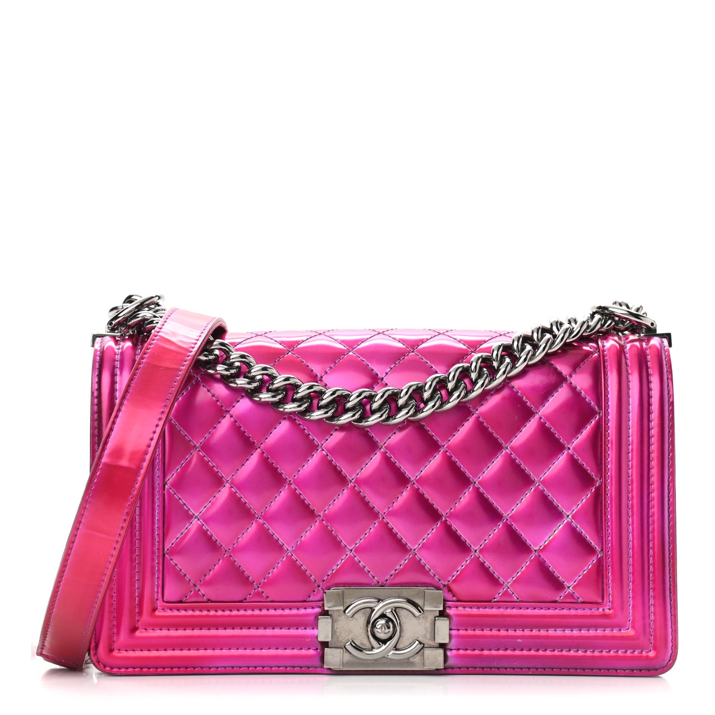 Metallic Patent Calfskin Quilted Medium Boy Flap Pink