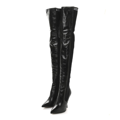 Fendi Vitello Lucido Stretch Fabric Striped Rockoko Thigh High 105mm Sock Boots 38 Black 4 of 7