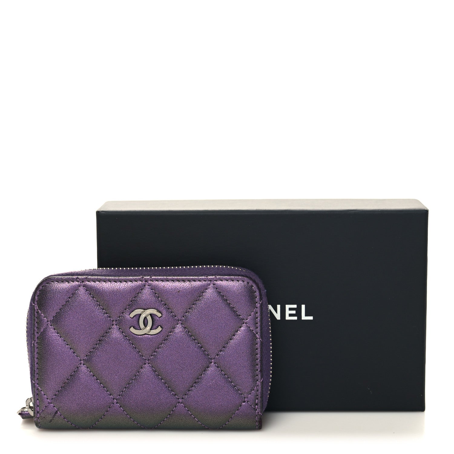 Chanel Metallic Lambskin Quilted Zip Around Coin Purse Wallet Purple 3 of 9