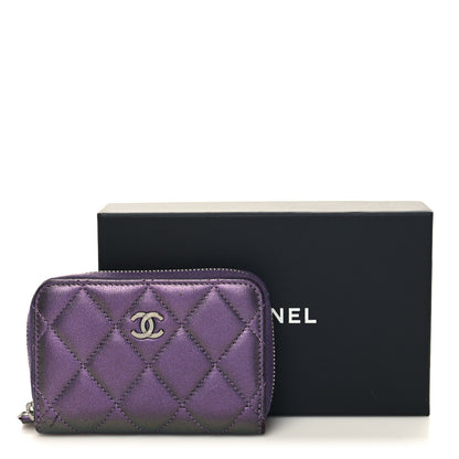 Chanel Metallic Lambskin Quilted Zip Around Coin Purse Wallet Purple 3 of 9