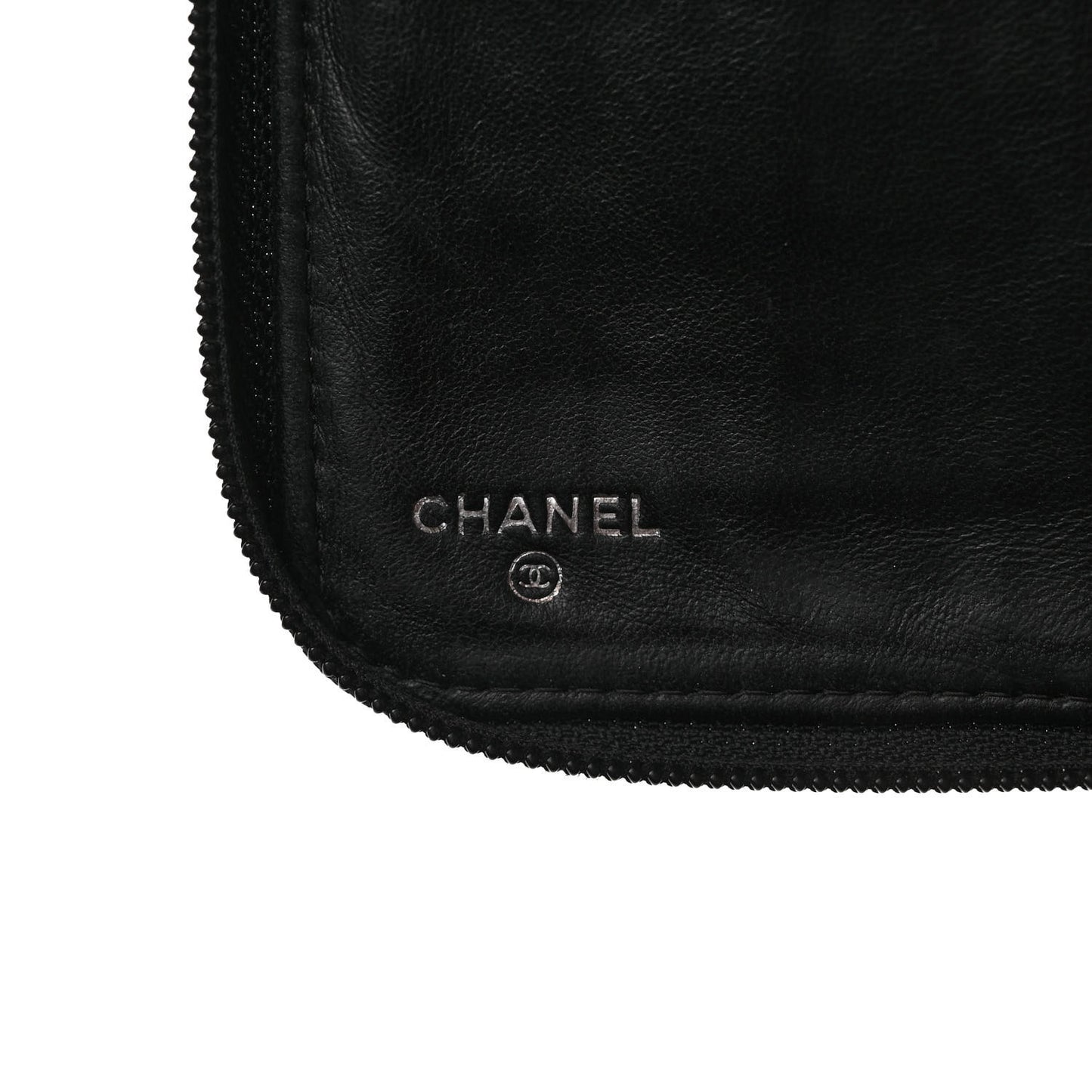 Lambskin Camellia Embossed Zip Around Organizer Wallet Black