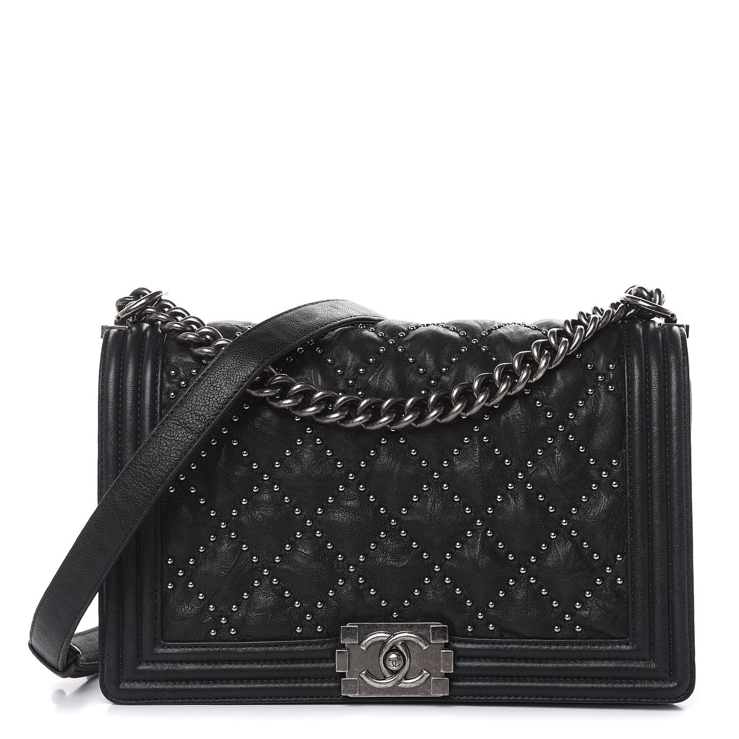 Crumpled Lambskin New Medium Studded Boy Flap Black