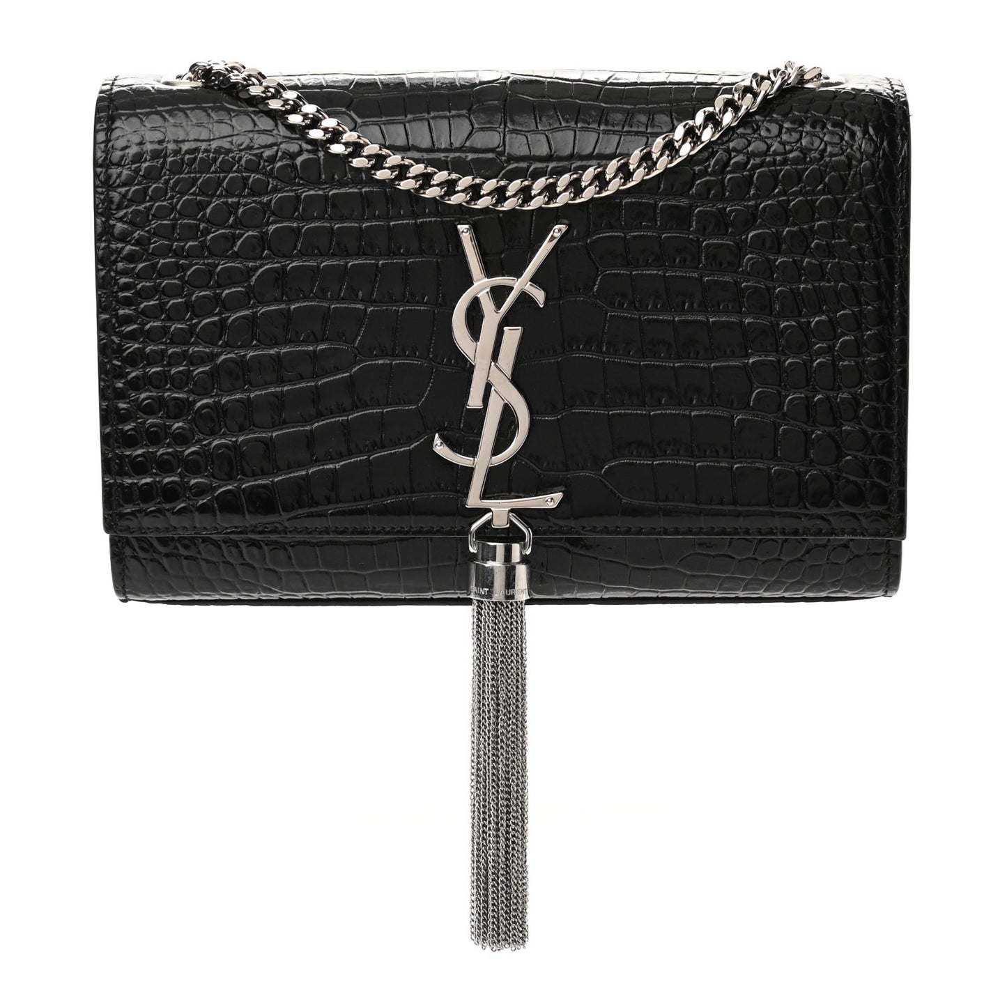 Calfskin Crocodile Embossed Small Classic Monogram Kate Tassel Satchel Black