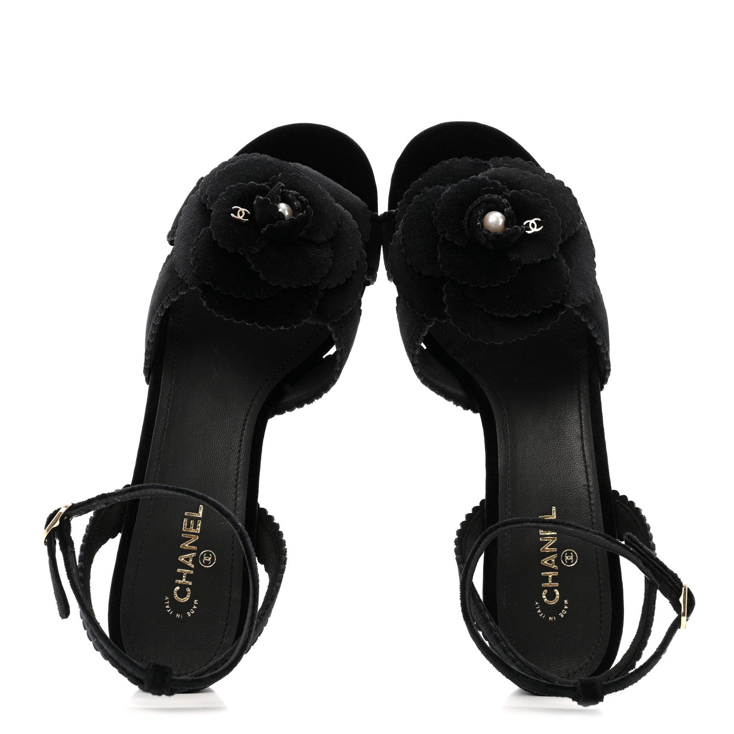 Chanel Velvet Pearl Camellia Sandals 37.5 Black 1843776 – FASHIONPHILE