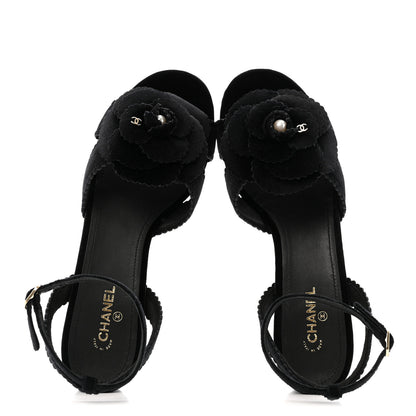 Chanel Velvet Pearl Camellia Sandals 37.5 Black 2 of 10