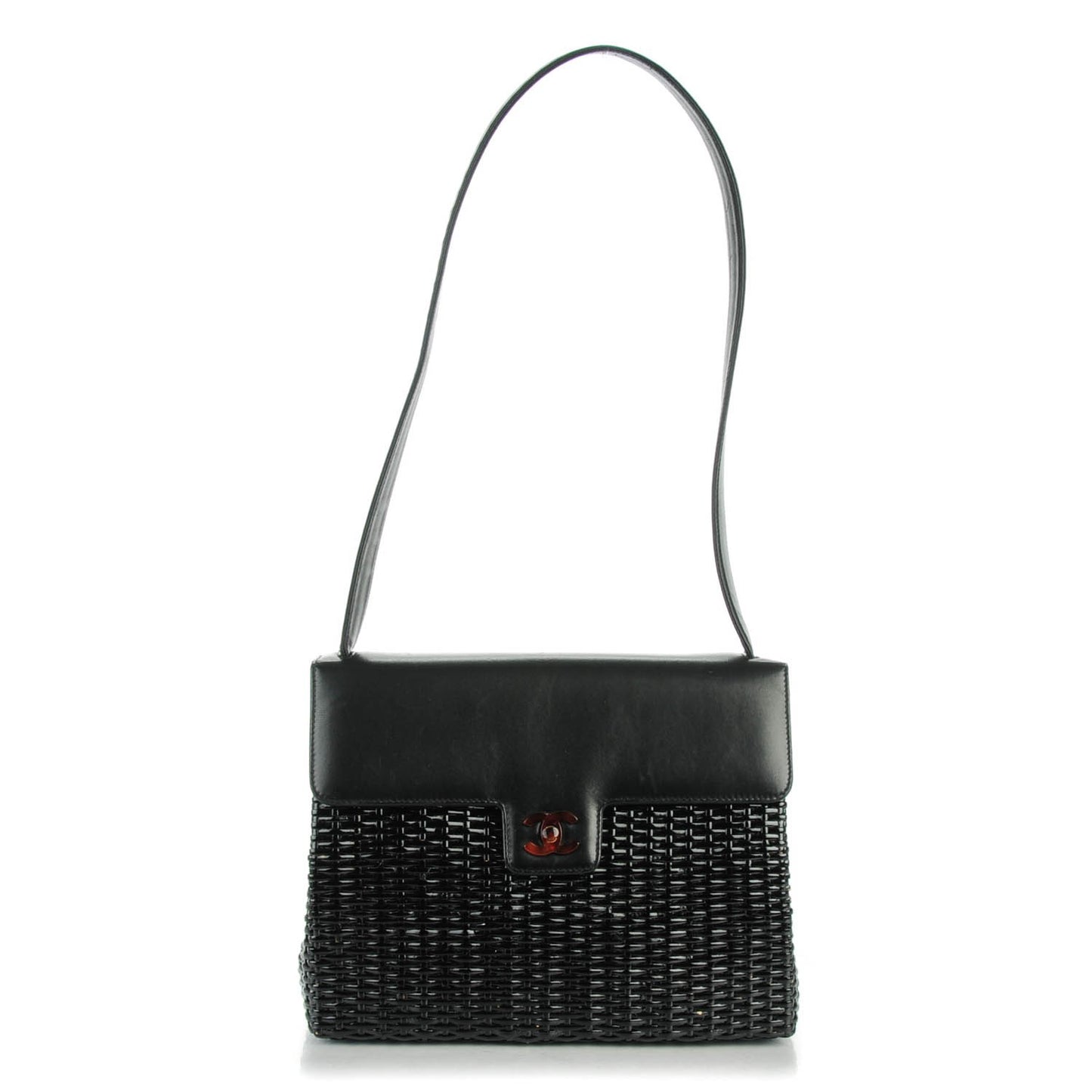 Lambskin Straw Basket Shoulder Bag Black