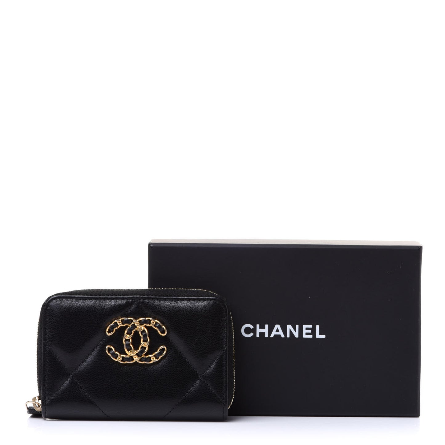 Lambskin Quilted Chanel 19 Zip Around Coin Purse Wallet Black