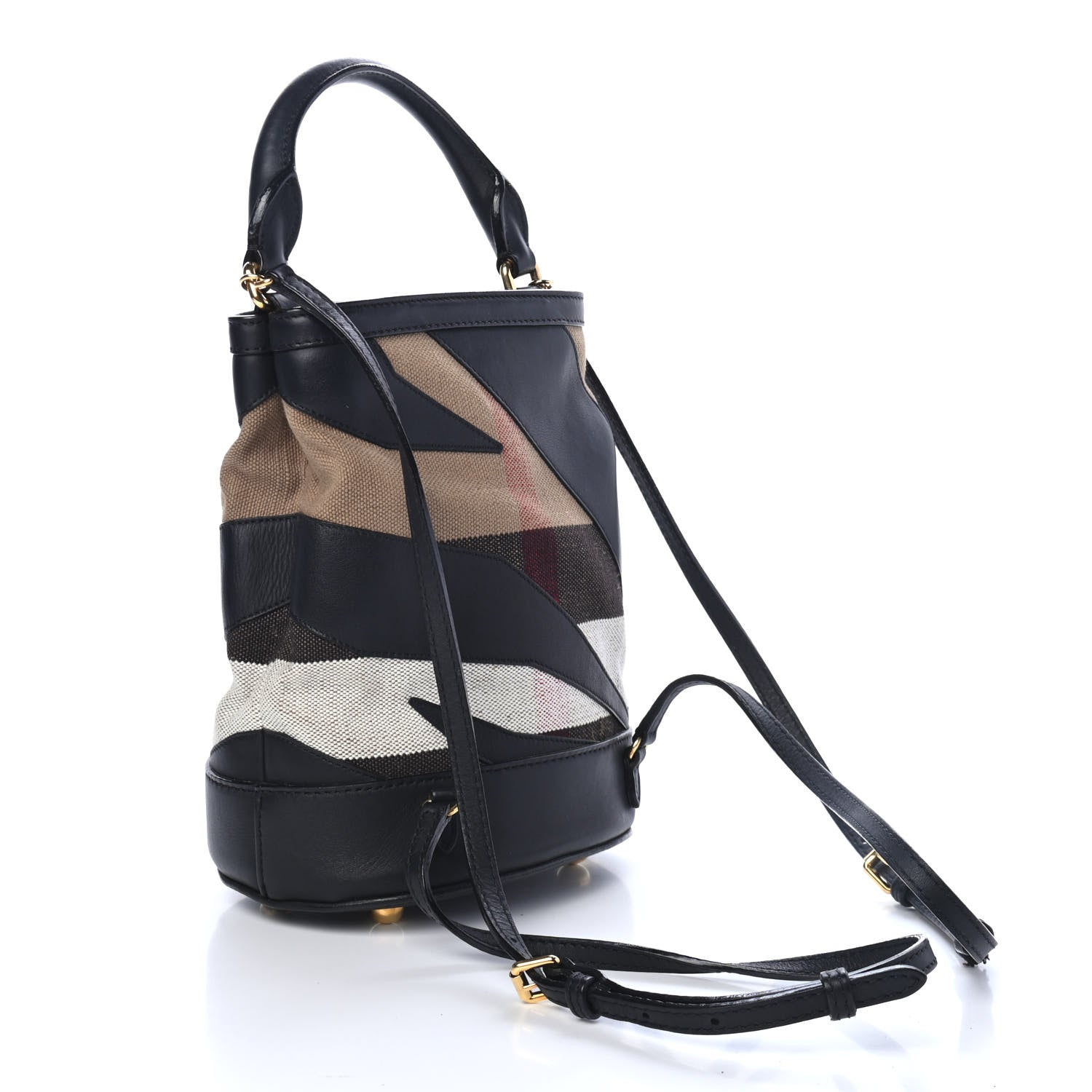 Burberry Canvas Check Calfskin Small The Bucket Backpack Bag Natural 2 of 4