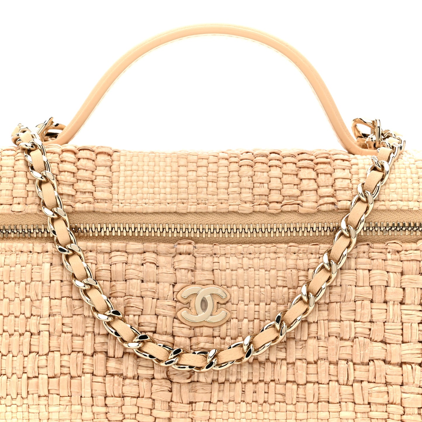 Braided Raffia Quilted Top Handle Slim Vanity Case With Chain Beige