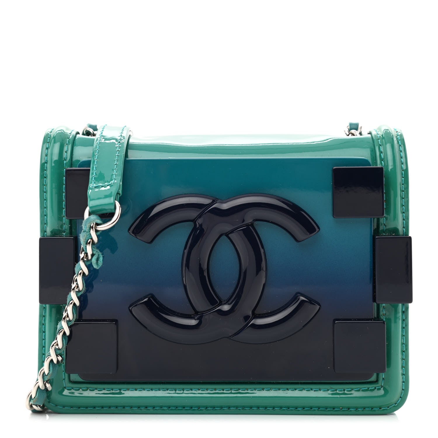 Chanel Plexiglass Patent Mini Boy Brick Flap Turquoise Navy 1 of 10