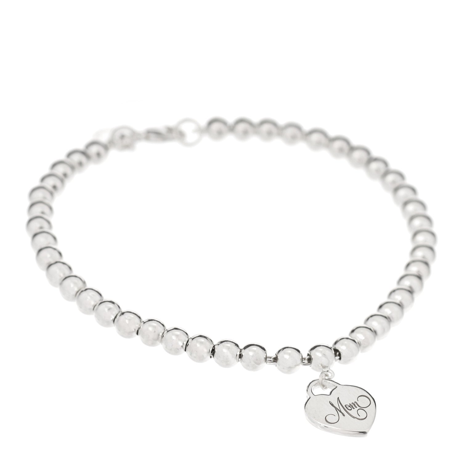 Tiffany Sterling Silver 4mm Mom Heart Tag Bead Bracelet 1 of 5