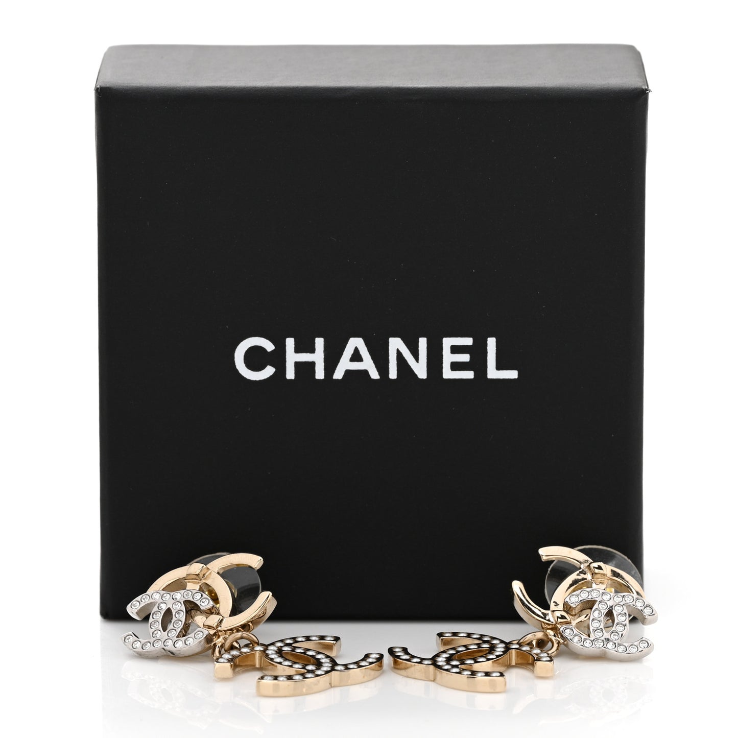 Crystal Pearl Double CC Drop Earrings Gold Silver