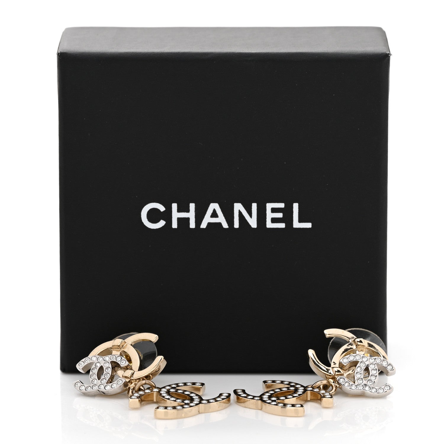 Chanel Crystal Pearl Double CC Drop Earrings Gold Silver 5 of 5
