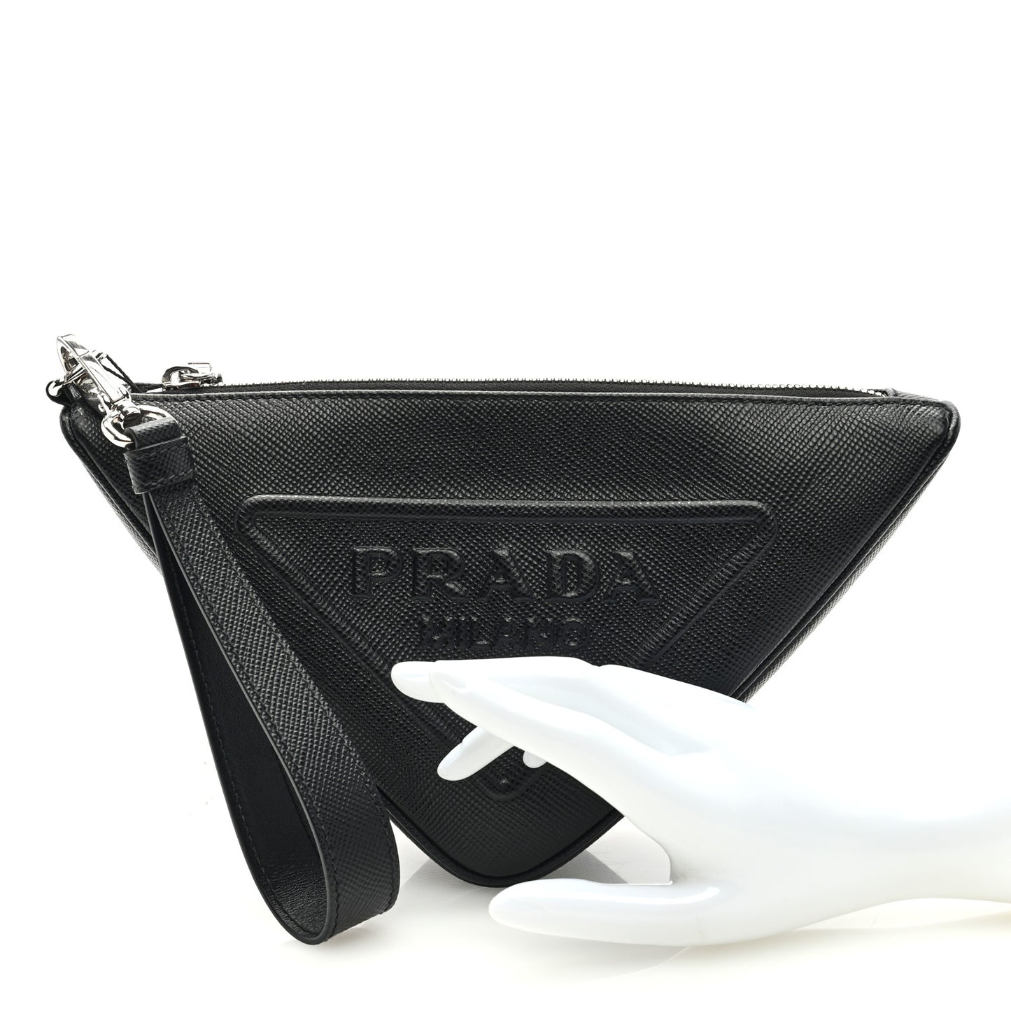 Saffiano Cuir Triangle Logo Embossed Triangle Wristlet Black