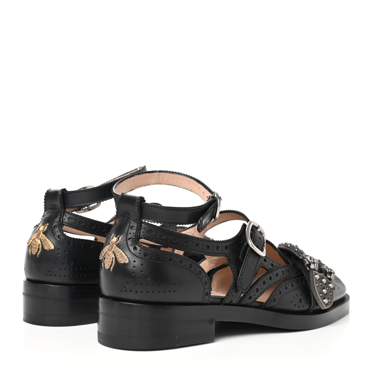 Gucci Calfskin Bee Embroidered Womens Queercore Brogue Wingtip Monk Strap Loafers 38.5 Black 4 of 8