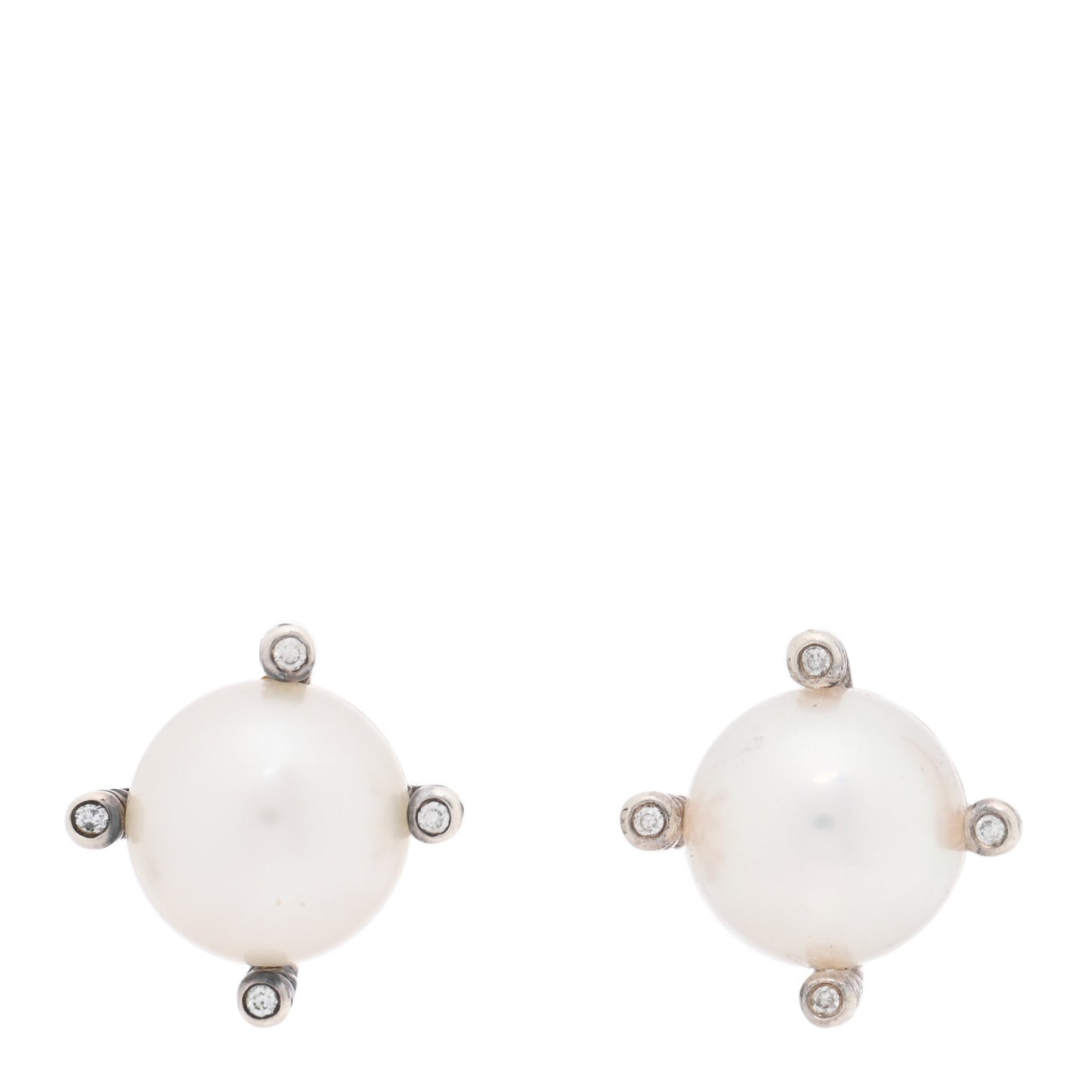 Sterling Silver Diamond Pearl 9.5-10mm Cable Stud Earrings