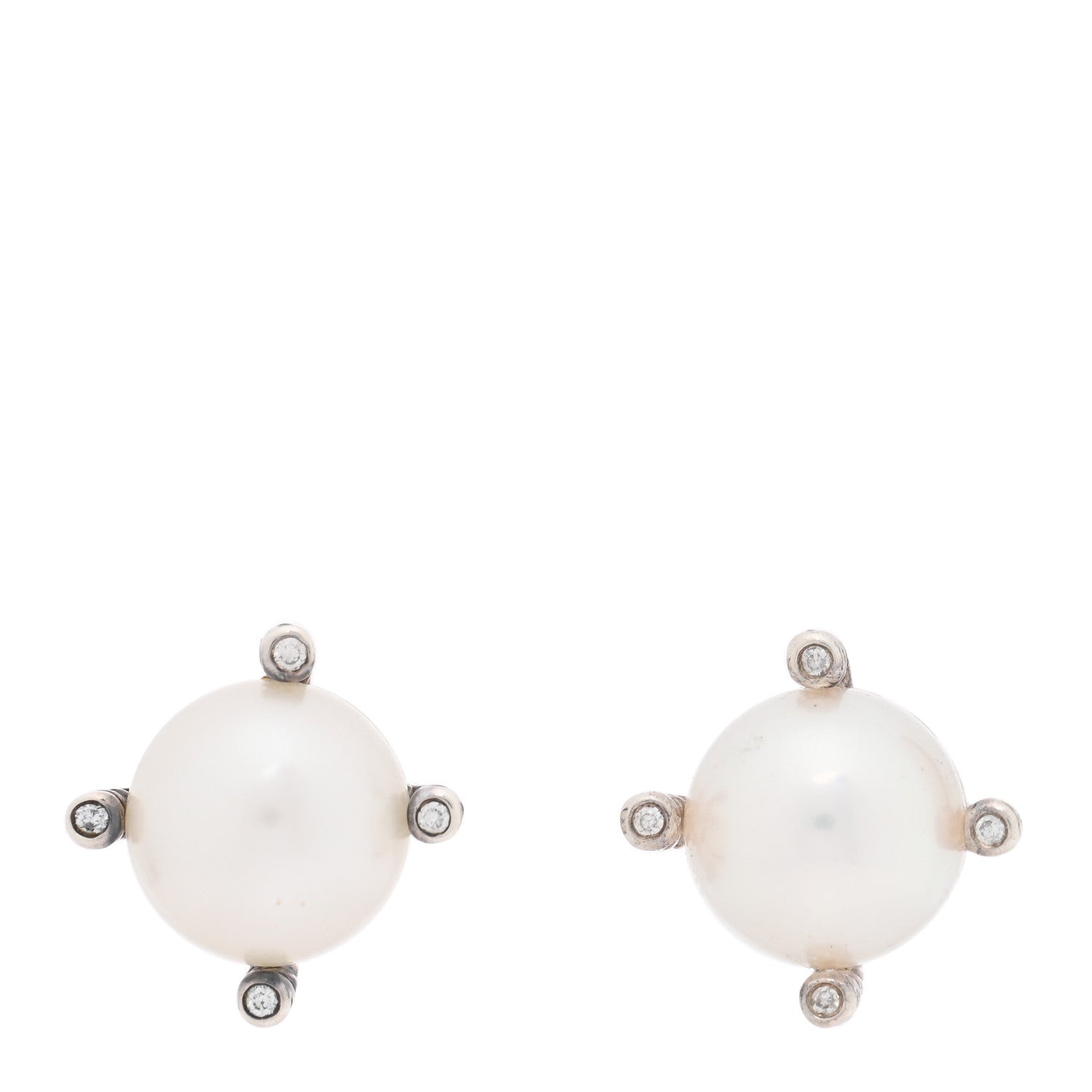 David Yurman Sterling Silver Diamond Pearl 9.5-10mm Cable Stud Earrings 1 of 4