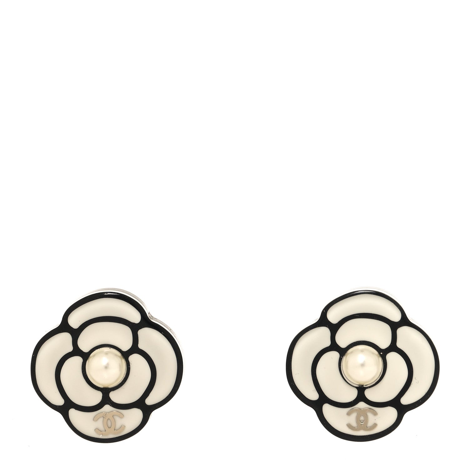 Chanel Resin Pearl Camelia Earrings Black White 1 of 5