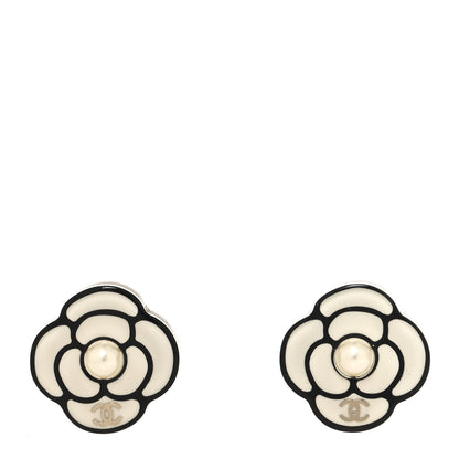 Chanel Resin Pearl Camelia Earrings Black White 1 of 5