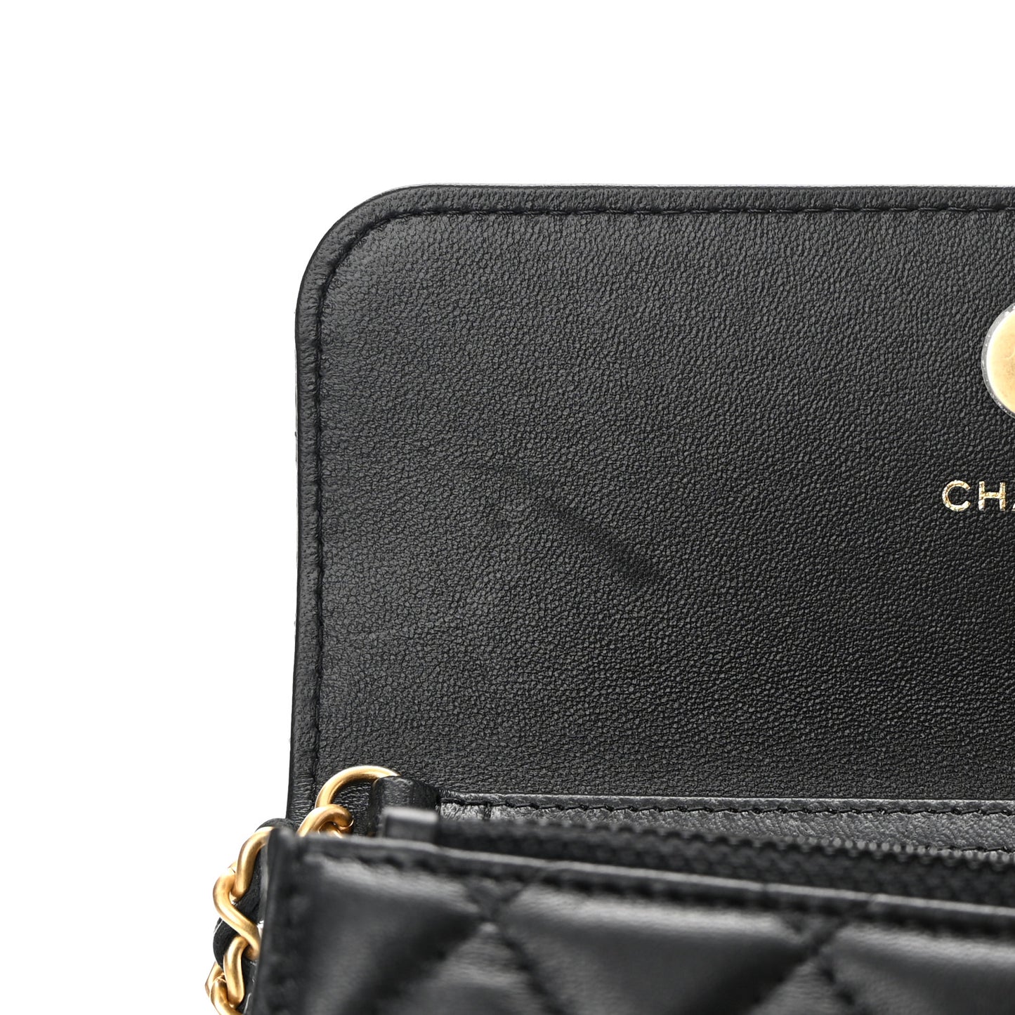 Lambskin Pearl Crush Quilted Flap Phone Holder With Chain Black